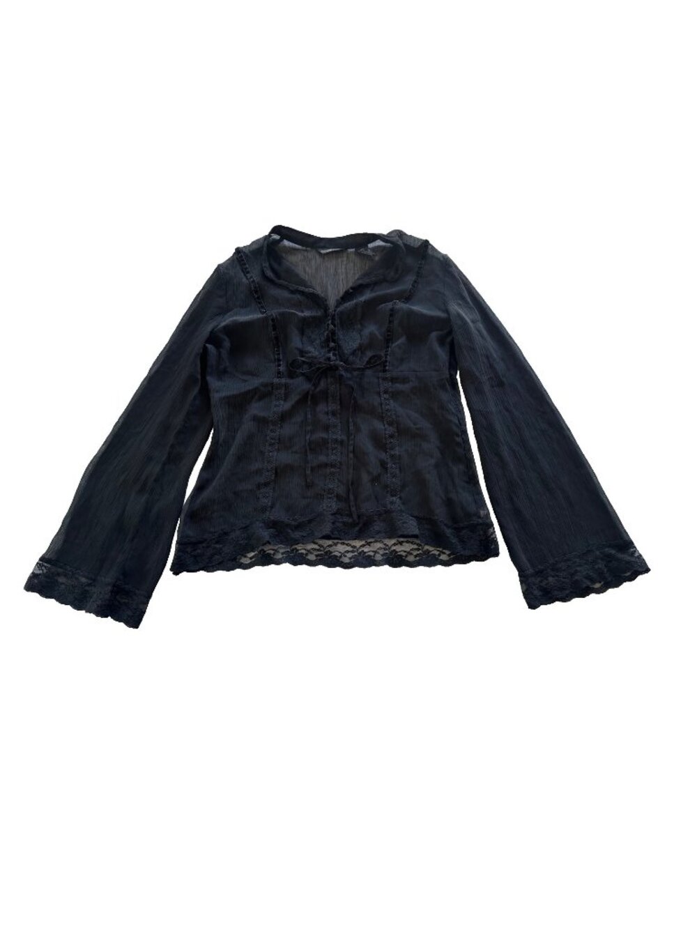 VTG Black Sheer Lace Trim Blouse Size 8 Long Sleeve Whimsigoth Dark Vamp